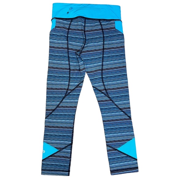 Lululemon Athletica Leggings Womens 4 Black Aqua Blue Striped Pace Rival - Picture 2 of 7